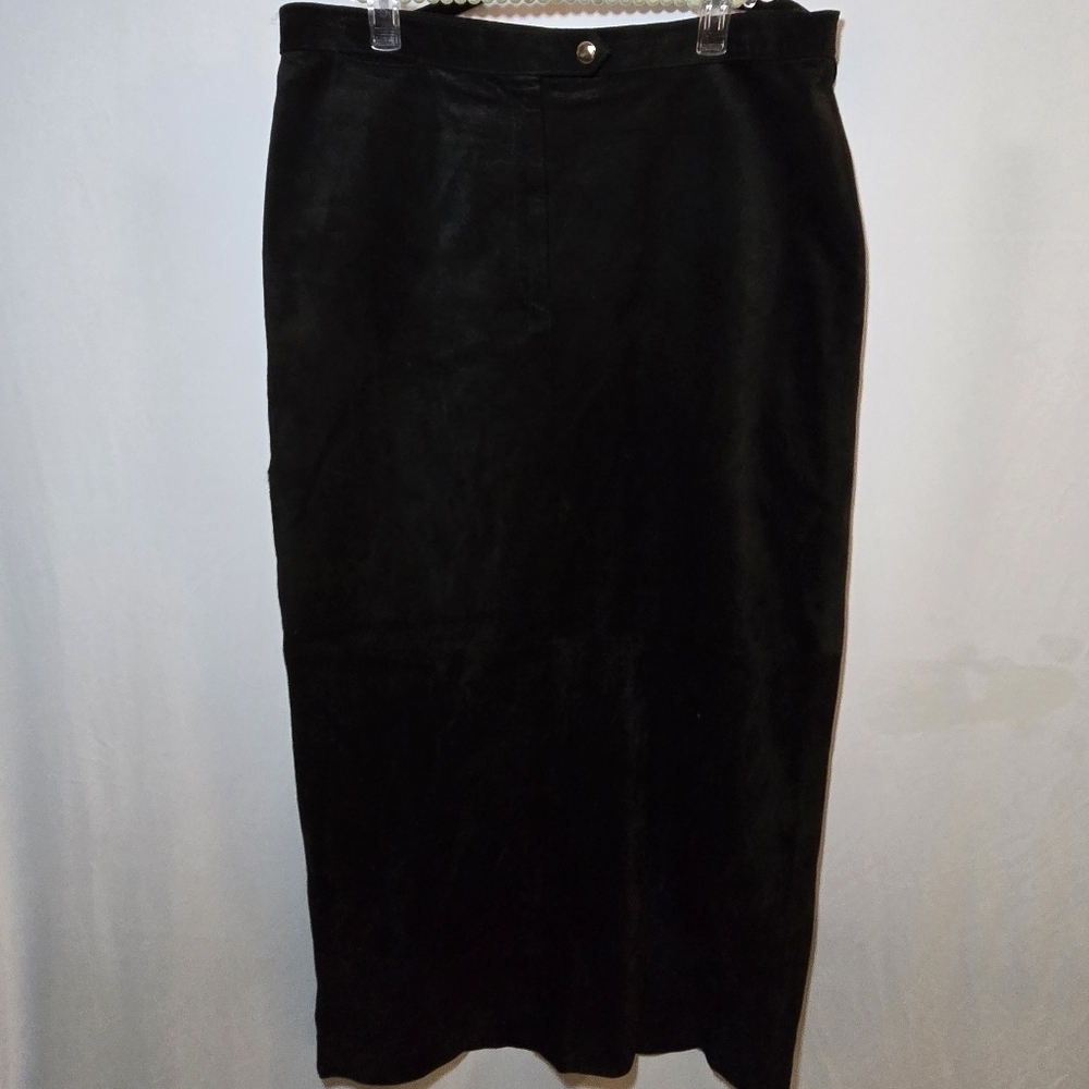 Lauren Ralph Lauren 100% Leather Black Midi Skirt Back Slit Western , sz 14